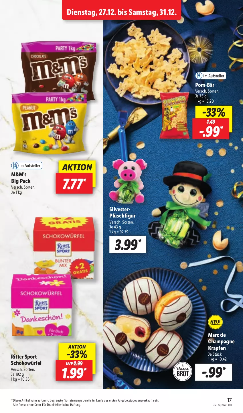 Aktueller Prospekt Lidl - Aktionsprospekt - von 27.12 bis 31.12.2022 - strona 19 - produkty: angebot, brot, champagne, eis, elle, Plüsch, pom-bär, reis, ritter, ritter sport, schoko, schokowürfel, Sport, teller, Ti, würfel, ZTE