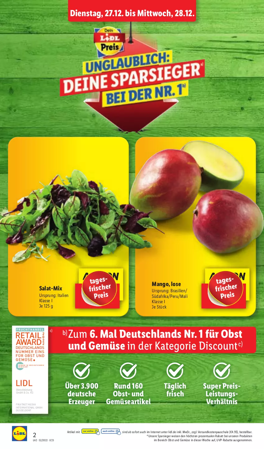 Aktueller Prospekt Lidl - Aktionsprospekt - von 27.12 bis 31.12.2022 - strona 2 - produkty: discount, eis, ente, mango, ndk, obst, Obst und Gemüse, reis, salat, Schal, Schale, Ti, und gemüse