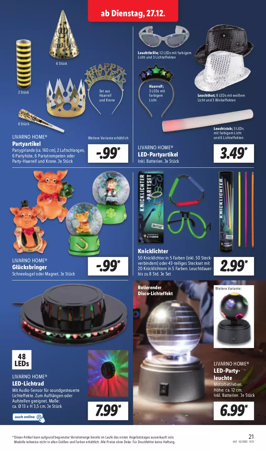 Aktueller Prospekt Lidl - Aktionsprospekt - von 27.12 bis 31.12.2022 - strona 23 - produkty: angebot, auer, batterie, batterien, Brille, dell, eis, elle, Girlande, Knicklicht, krone, Kugel, led-licht, leds, Leuchte, Luftschlangen, Mode, reis, Ria, ring, Schneekugel, Ti, Tiere, ZTE