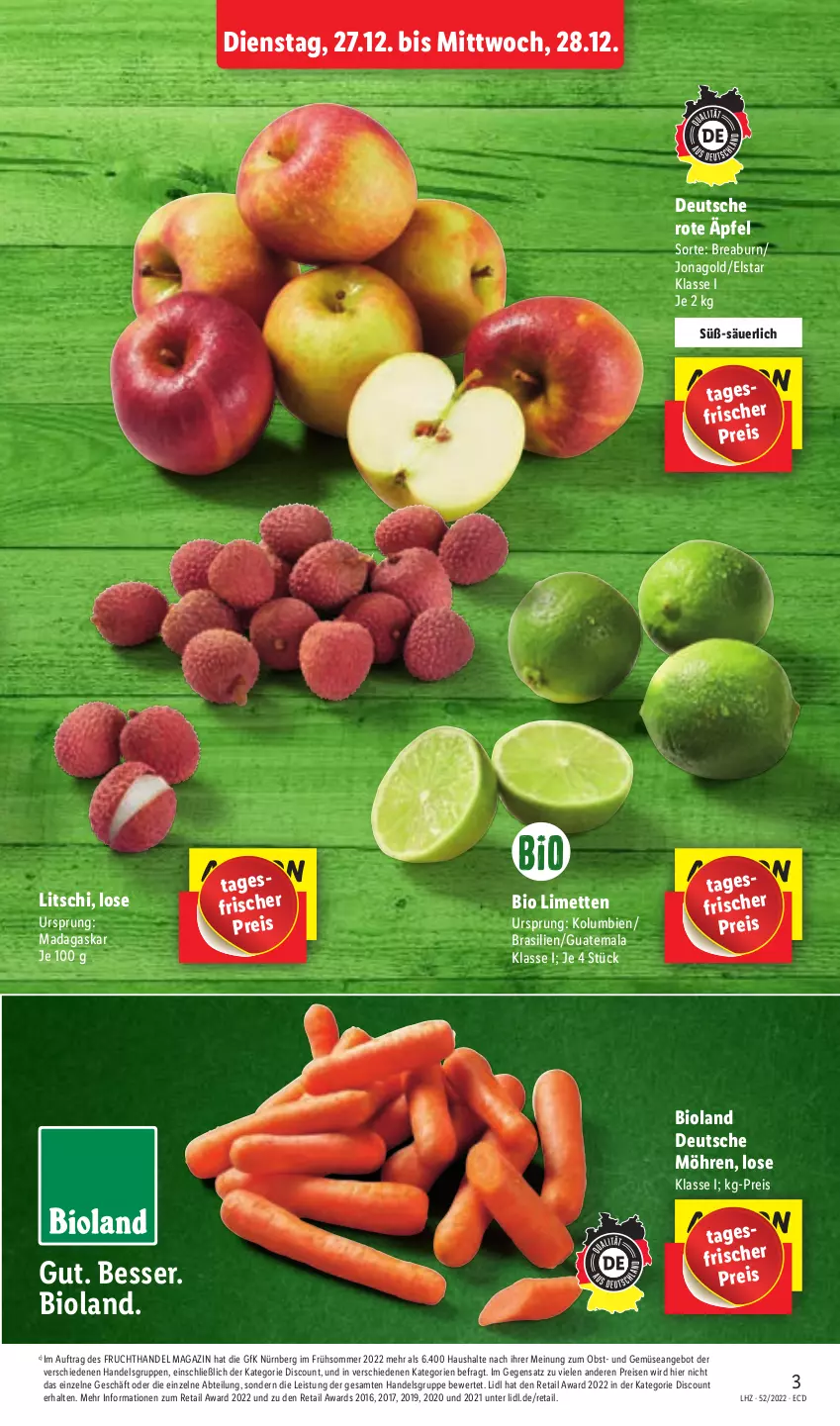 Aktueller Prospekt Lidl - Aktionsprospekt - von 27.12 bis 31.12.2022 - strona 3 - produkty: Abtei, angebot, bio, bioland, discount, eis, frucht, limette, limetten, magazin, Mett, metten, möhren, obst, reis, Ti, und gemüse