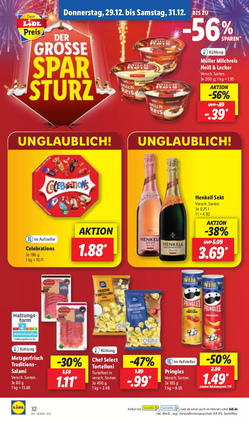 Aktueller Prospekt Lidl - Aktionsprospekt - von 27.12 bis 31.12.2022 - strona 34 - produkty: aktionspreis, eis, elle, henkel, henkell, henkell sekt, milch, milchreis, Müller, ndk, pringles, reis, ring, salami, Schal, Schale, sekt, teller, Ti, torte, tortelloni, ZTE