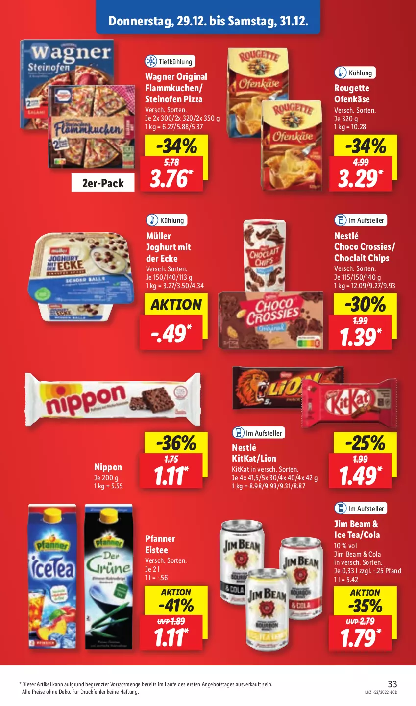 Aktueller Prospekt Lidl - Aktionsprospekt - von 27.12 bis 31.12.2022 - strona 35 - produkty: angebot, chips, choclait chips, choco crossies, cola, crossies, eis, eistee, elle, flammkuchen, gin, ice tea, jim beam, joghur, joghurt, joghurt mit der ecke, Käse, kitkat, kuchen, lamm, lion, Müller, nestlé, nippon, Ofen, Ofenkäse, pfanne, Pfanner, pizza, reis, rouge, rougette, steinofen, steinofen pizza, tee, teller, Ti, wagner, ZTE