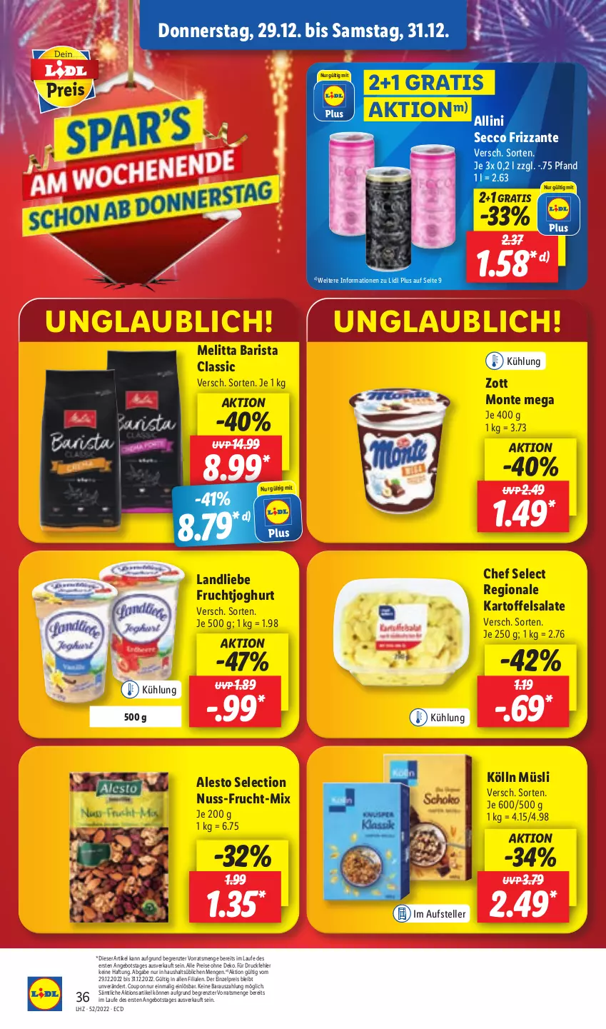 Aktueller Prospekt Lidl - Aktionsprospekt - von 27.12 bis 31.12.2022 - strona 38 - produkty: alesto, angebot, coupon, drucker, ecco, eis, elle, Engel, frizzante, frucht, fruchtjoghurt, joghur, joghurt, kartoffel, kartoffelsalat, kerze, kölln, landliebe, melitta, monte, müsli, nuss, papier, reis, salat, salate, teller, Ti, zott, Zott Monte, ZTE