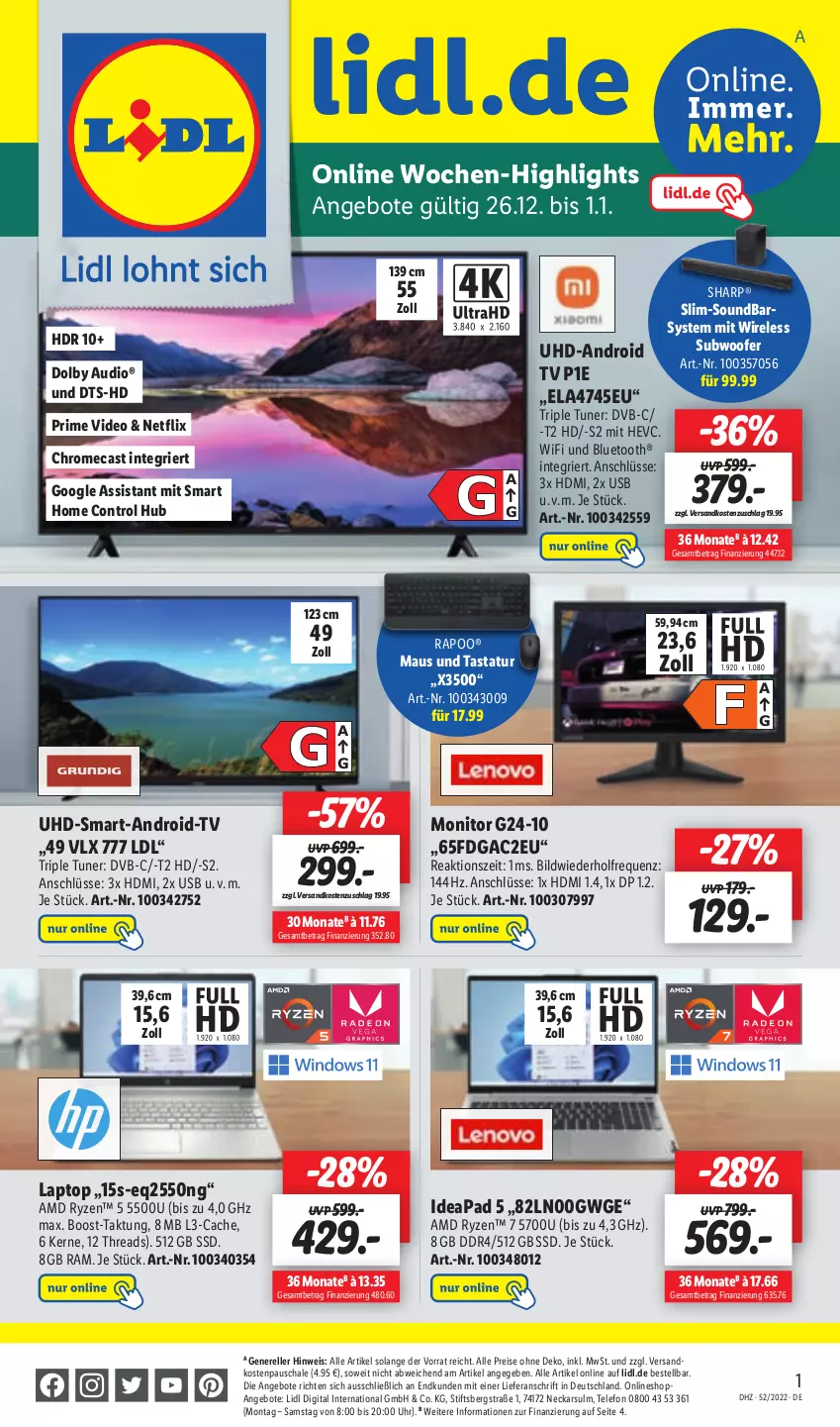 Aktueller Prospekt Lidl - Aktionsprospekt - von 27.12 bis 31.12.2022 - strona 39 - produkty: Android TV, angebot, angebote, deo, dvb, eis, elle, HDMI, Laptop, Maus, monitor, ndk, netflix, reis, rel, ryzen, Schal, Schale, Sharp, soundbar, ssd, Subwoofer, Tastatur, telefon, Ti, tuner, uhd, uhr, usb