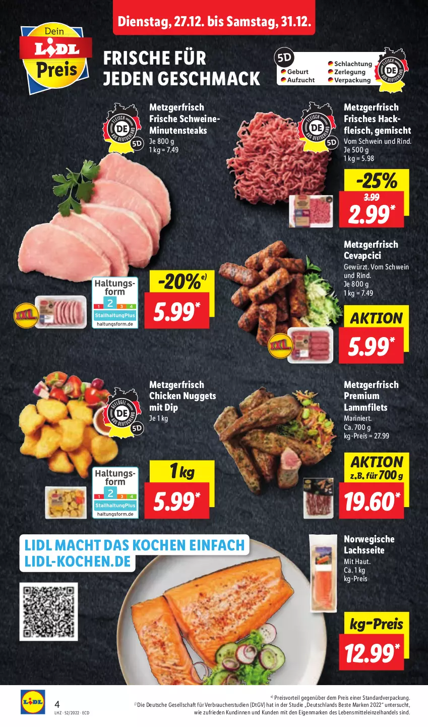 Aktueller Prospekt Lidl - Aktionsprospekt - von 27.12 bis 31.12.2022 - strona 4 - produkty: cevapcici, chicken nuggets, dip, eis, filet, filets, fleisch, gewürz, hackfleisch, lachs, lamm, Lammfilets, lebensmittel, mac, minutensteaks, nuggets, preisvorteil, Rauch, reis, rind, rwe, schwein, schwein und rind, schweine, steak, steaks, Ti, vom schwein und rind, wein, weine