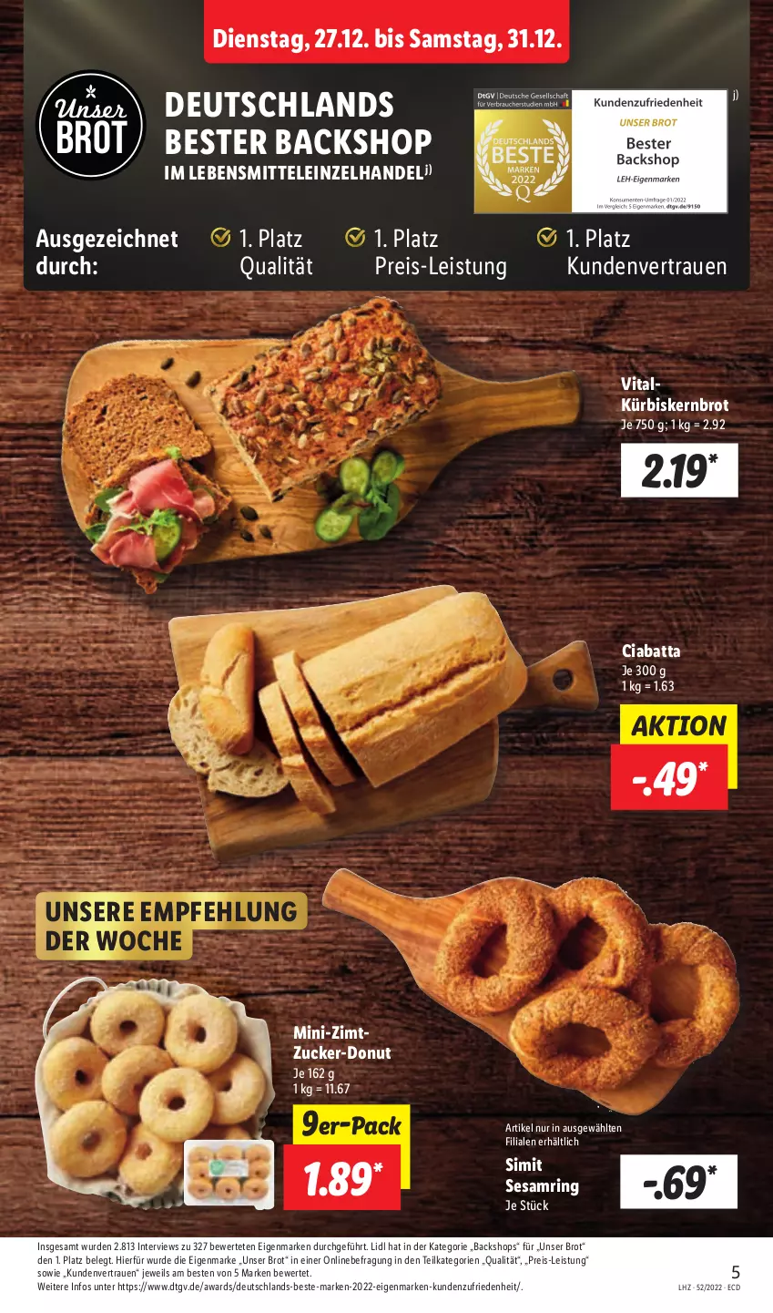 Aktueller Prospekt Lidl - Aktionsprospekt - von 27.12 bis 31.12.2022 - strona 5 - produkty: brot, ciabatta, Donut, eis, Kürbis, lebensmittel, reis, ring, sesam, Sesamring, sim, Ti, vita, zucker