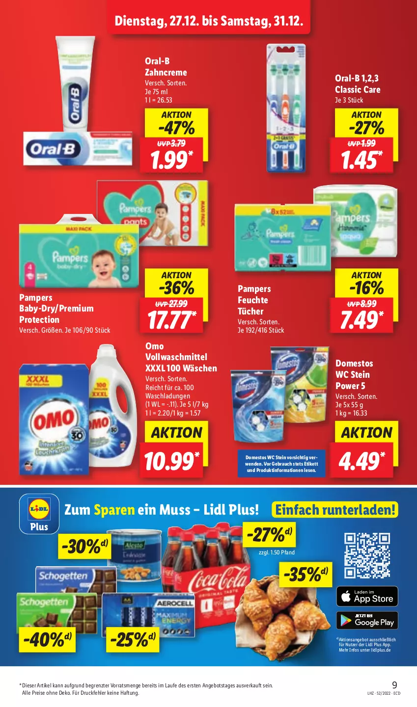 Aktueller Prospekt Lidl - Aktionsprospekt - von 27.12 bis 31.12.2022 - strona 9 - produkty: angebot, baby-dry, creme, domestos, eis, feuchte tücher, oral-b, pampers, Rauch, reis, rwe, Ti, tücher, vollwaschmittel, waschmittel, zahncreme, ZTE