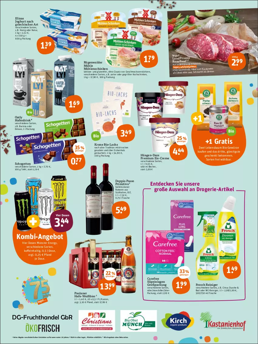 Aktueller Prospekt Tegut - Angebote der Woche - von 27.06 bis 02.07.2022 - strona 2 - produkty: alkohol, angebot, angebote, Bad, Bau, Becher, beef, beko, bier, bio, carefree, citrus, creme, decke, dekoration, doppio passo, drink, drogerie-artikel, dusche, eis, elinas, elinas joghurt, ente, flasche, Frosch, frucht, getränk, getränke, gewürz, grill, häagen-dazs, hafer, Haferdrink, Hefe, Holz, honig, joghur, joghurt, joghurt nach, kochschinken, krone, lachs, landprimus, mac, monster, Monster Energy, natur, passo, Paula, paulaner, primitivo, reiniger, roastbeef, rotwein, rügenwalder, rügenwalder mühle, salz, schinken, schogetten, slip, slipeinlagen, Ti, wc-reiniger, wein