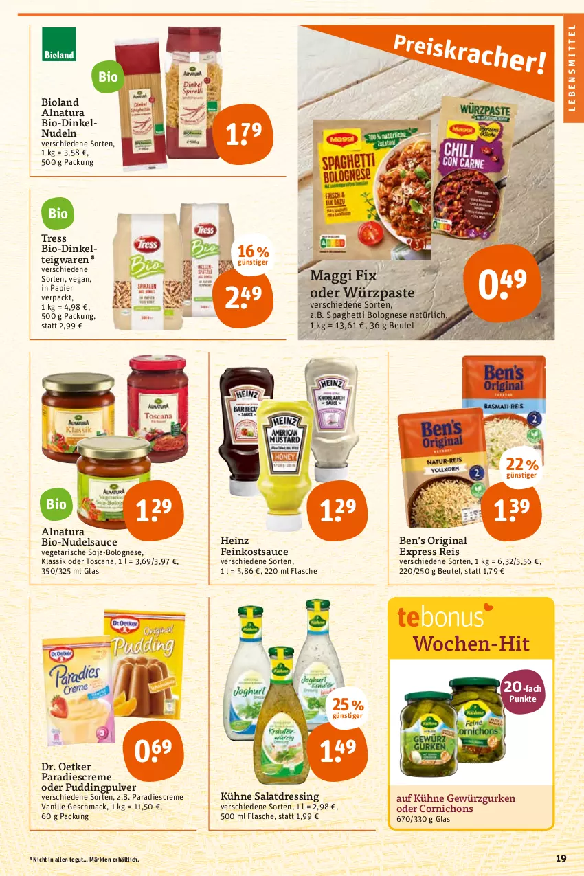 Aktueller Prospekt Tegut - Angebote der Woche - von 27.06 bis 02.07.2022 - strona 21 - produkty: Ben’s Original, beutel, bio, bioland, bolognese, creme, Dr. Oetker, dressing, eis, feinkost, flasche, gewürz, Gewürzgurke, gewürzgurken, gin, gurke, gurken, heinz, Kühne, lebensmittel, mac, maggi, maggi fix, natur, natura, nudel, nudeln, papier, pudding, reis, salat, salatdressing, sauce, soja, spaghetti, spaghetti bolognese, teigwaren, Ti, vanille, Vegeta