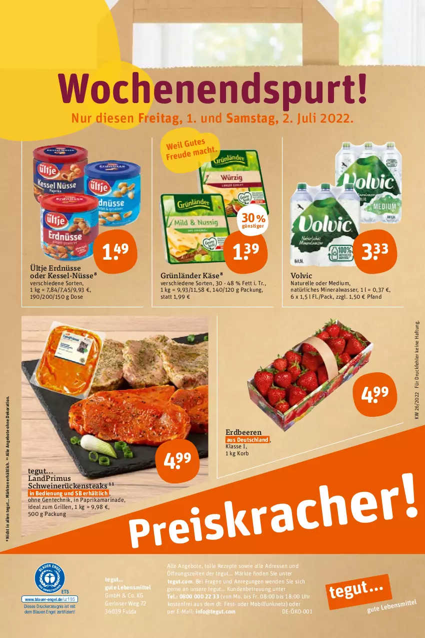 Aktueller Prospekt Tegut - Angebote der Woche - von 27.06 bis 02.07.2022 - strona 26 - produkty: Alwa, angebot, angebote, auer, beere, beeren, dekoration, drucker, elle, Engel, ente, erdbeere, erdbeeren, erdnüsse, Fulda, grill, grünländer, ideal zum grillen, Käse, kerze, korb, landprimus, lebensmittel, marinade, mineralwasser, natur, natürliches mineralwasser, paprika, rel, rezept, rezepte, Rückensteak, rückensteaks, schwein, schweine, schweinerücken, steak, steaks, Ti, uhr, ültje, ültje erdnüsse, volvic, wasser, wein, weine