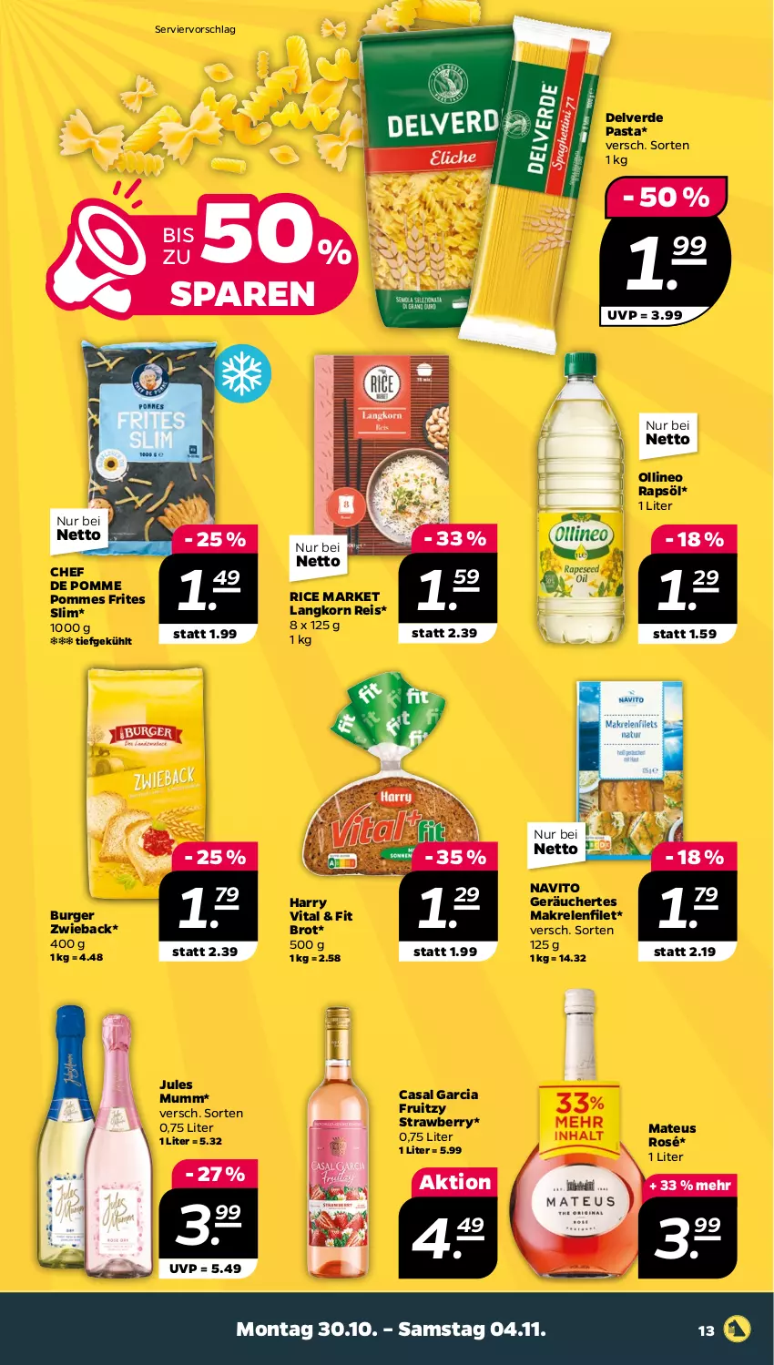 Aktueller Prospekt Netto - Woche 44 - von 30.10 bis 04.11.2023 - strona 13 - produkty: brot, burger, casal garcia, eis, erde, filet, jules mumm, korn, Makrele, mateus, mumm, pasta, pommes, Pommes Frites, rapsöl, reis, rel, Ti, vita