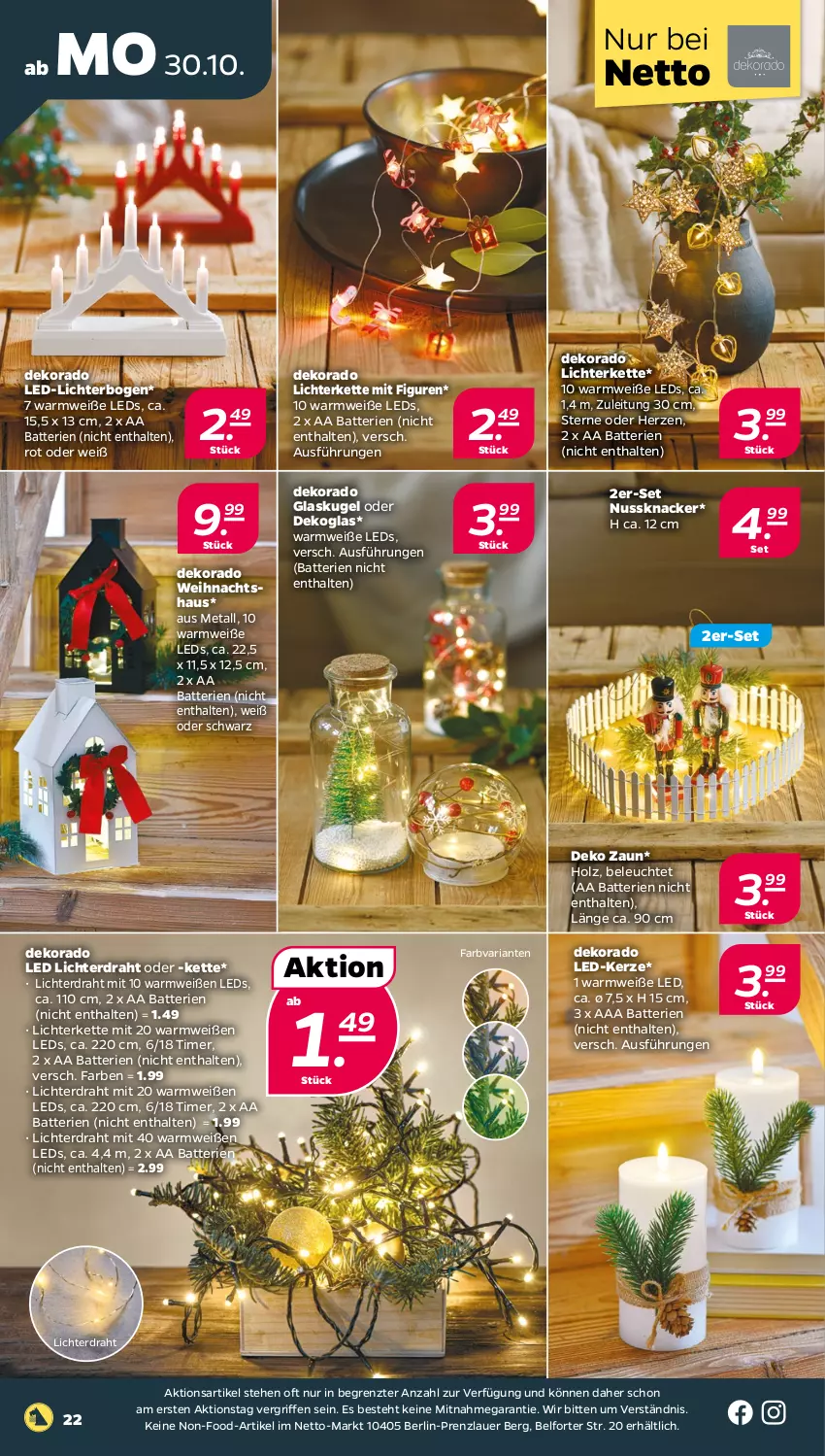 Aktueller Prospekt Netto - Woche 44 - von 30.10 bis 04.11.2023 - strona 22 - produkty: auer, batterie, batterien, Draht, Glaskugel, Holz, kerze, Kette, knacker, Kugel, LED-Kerze, led-licht, leds, Leuchte, lichterkette, nuss, Nussknacker, Ria, Ti, timer, ZTE