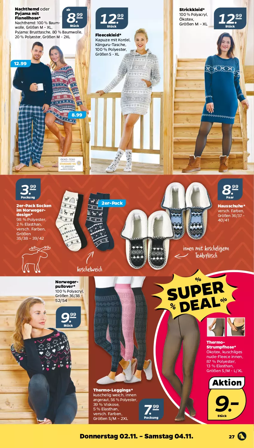 Aktueller Prospekt Netto - Woche 44 - von 30.10 bis 04.11.2023 - strona 27 - produkty: Bau, baumwolle, erde, gin, Hausschuhe, hemd, hose, kleid, Kuschelweich, leggings, Nachthemd, Plüsch, Pullover, Pyjama, rum, rwe, schuhe, socken, Strickkleid, Strumpfhose, Tasche, Thermostrumpfhose, Ti, wolle