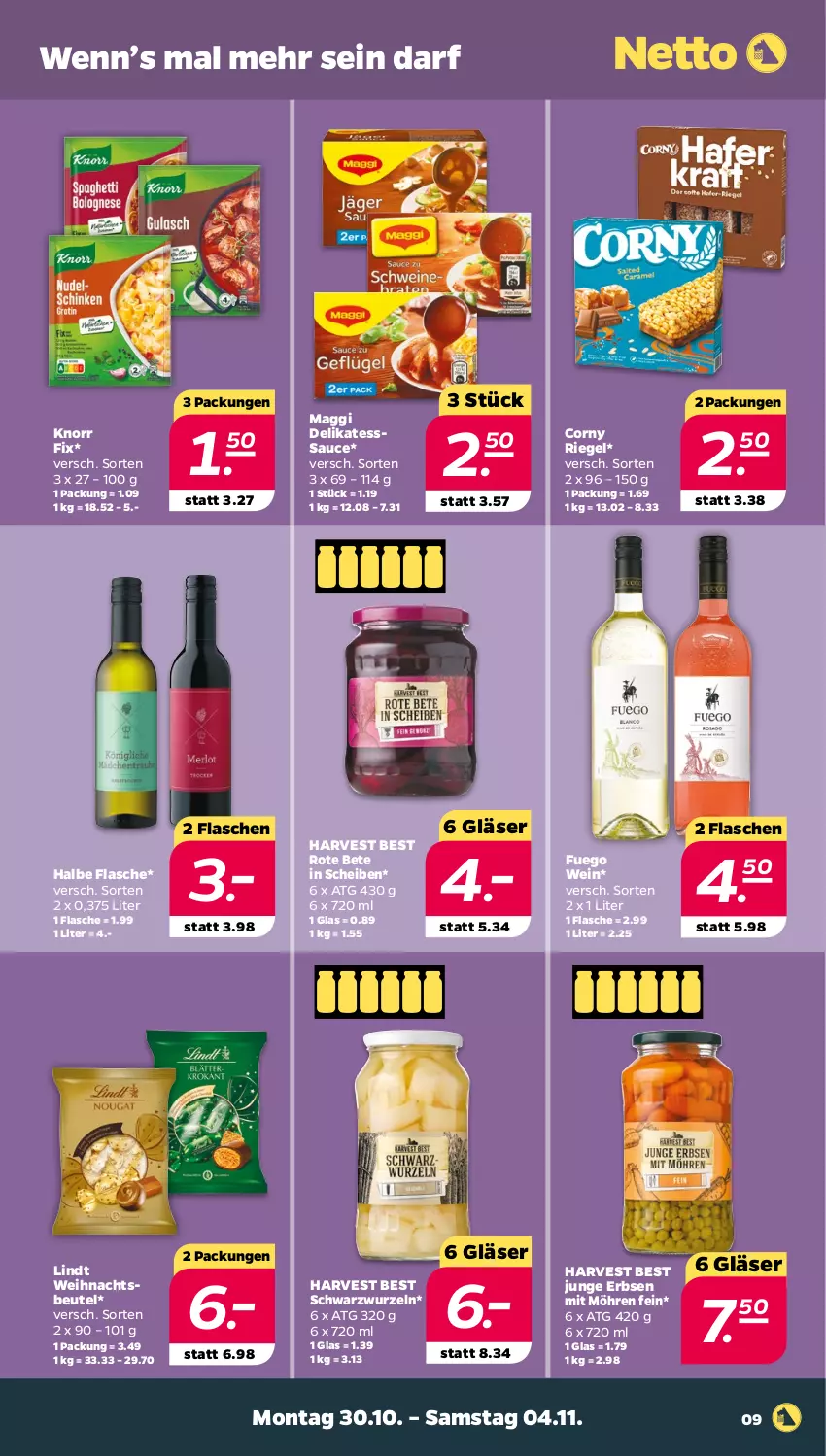 Aktueller Prospekt Netto - Woche 44 - von 30.10 bis 04.11.2023 - strona 9 - produkty: beutel, corny, erbsen, flasche, Gläser, junge erbsen, knorr, knorr fix, lindt, maggi, möhren, riegel, rote bete, sauce, wein