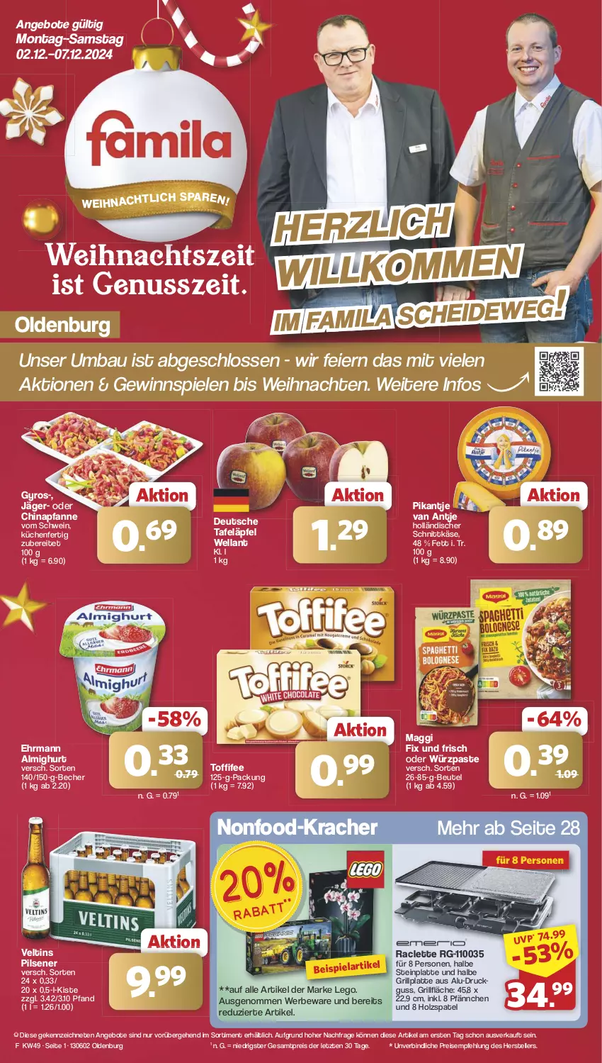 Aktueller Prospekt Famila - Prospekte - von 02.12 bis 07.12.2024 - strona 1 - produkty: almighur, almighurt, angebot, angebote, Bau, Becher, beutel, ehrmann, ehrmann almighurt, eier, eis, elle, gewinnspiel, grill, grillfläche, grillplatte, gyros, holländischer schnittkäse, Holz, Käse, kracher, küche, Küchen, latte, maggi, maggi fix, nuss, pfanne, pils, pilsener, reis, schnittkäse, schwein, Spiele, tafeläpfel, teller, Ti, toffifee, veltins, veltins pilsener, weihnachten, wein, Wella, ZTE