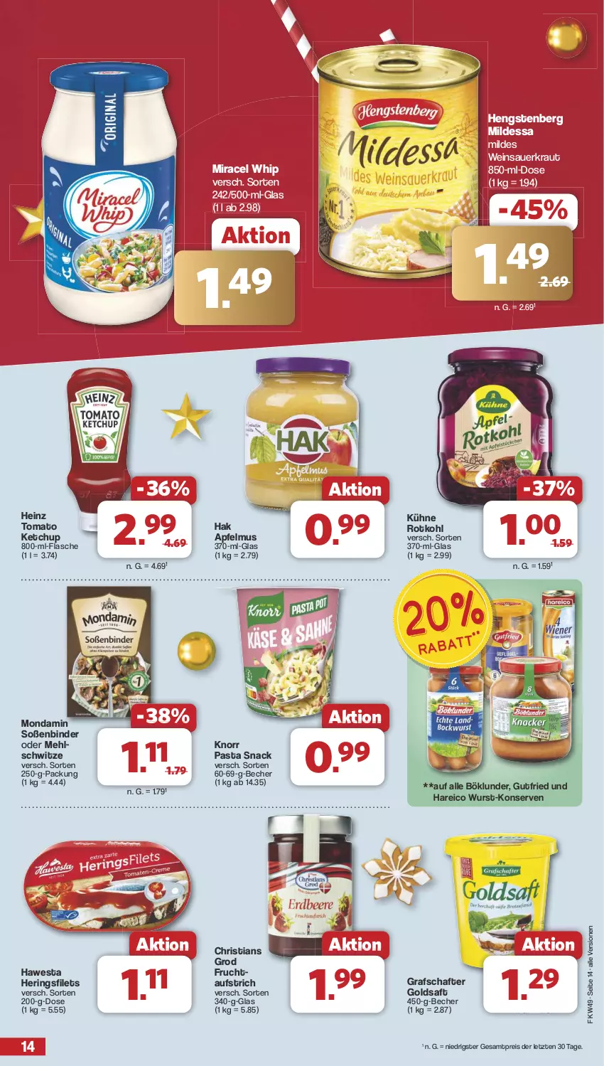 Aktueller Prospekt Famila - Prospekte - von 02.12 bis 07.12.2024 - strona 15 - produkty: apfel, apfelmus, auer, aufstrich, Becher, böklunder, eis, filet, filets, flasche, frucht, goldsaft, grafschafter, gutfried, hawesta, heinz, hengstenberg, hering, Herings, heringsfilets, ketchup, knorr, knorr pasta, Konserven, Kraut, Kühne, mehl, miracel, miracel whip, mondamin, pasta, pasta snack, reis, ring, rotkohl, saft, Sauerkraut, snack, Soße, Ti, tomato ketchup, wein, Weinsauerkraut, wurst, ZTE