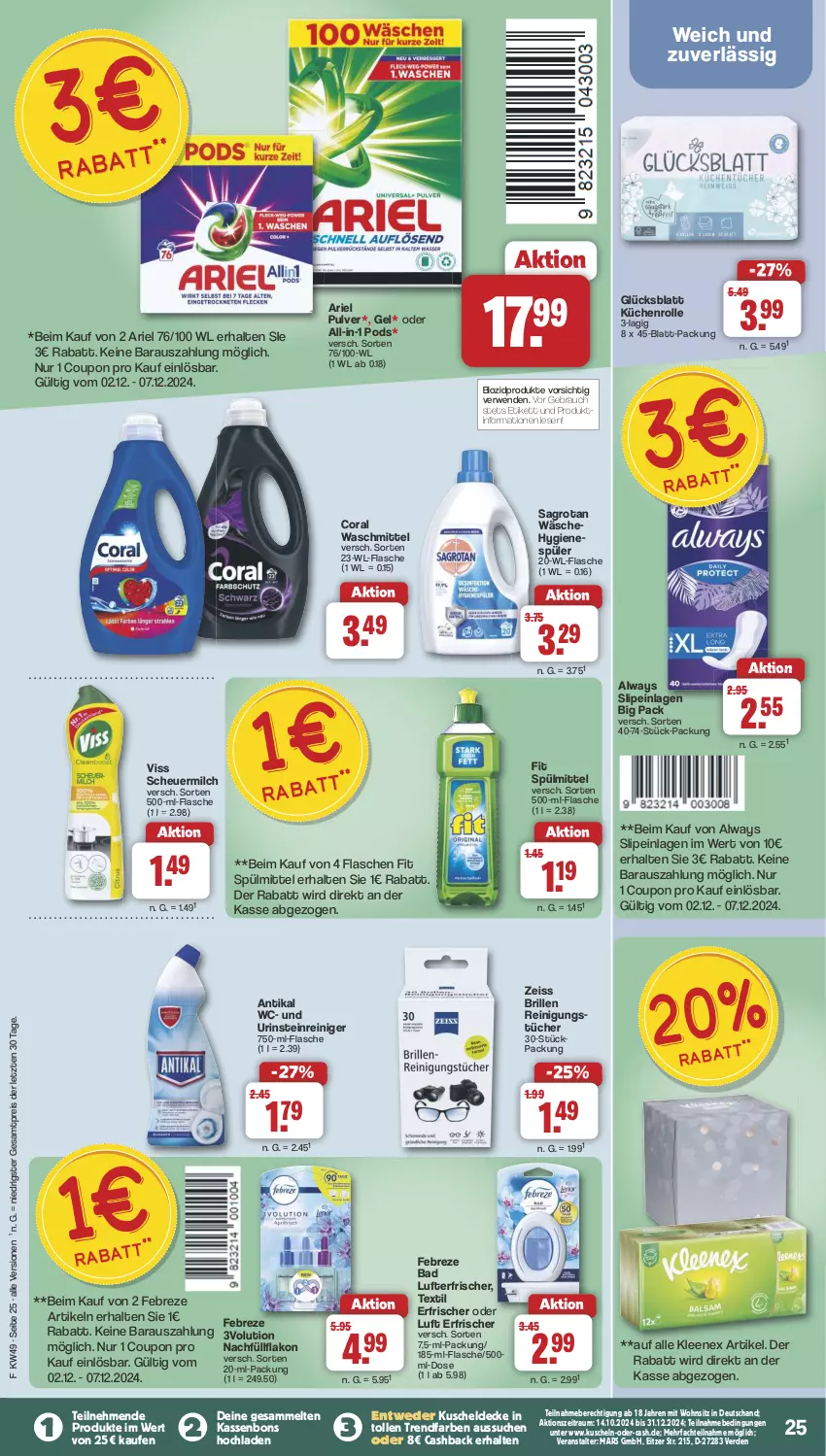 Aktueller Prospekt Famila - Prospekte - von 02.12 bis 07.12.2024 - strona 26 - produkty: Alwa, Always, ariel, Bad, bio, biozidprodukte, Brille, Coral, coupon, decke, eis, erde, febreze, flasche, Heu, hygienespüler, küche, Küchen, küchenrolle, kuscheldecke, lufterfrischer, mars, milch, Pods, Rauch, reiniger, Reinigung, reinigungstücher, reis, rwe, sagrotan, scheuermilch, slip, slipeinlagen, spülmittel, Ti, tücher, waschmittel, ZTE