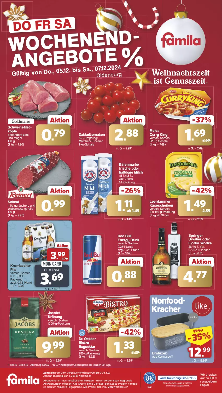 Aktueller Prospekt Famila - Prospekte - von 02.12 bis 07.12.2024 - strona 41 - produkty: auer, baguette, bärenmarke, Bistro Baguette, brot, Brotkorb, curry, datteltomaten, Dr. Oetker, drink, drucker, eis, energy drink, Engel, filet, flasche, haltbare milch, jacobs, jacobs krönung, Käse, käsescheiben, kerze, korb, kracher, krombache, krombacher, krombacher pils, leerdammer, meica, milch, nuss, papier, pils, Rauch, red bull, regal, reis, ring, rwe, salami, Schal, Schale, schwein, schweine, schweinefilet, Ti, tomate, tomaten, urvater, wein, weine, wodka, ZTE