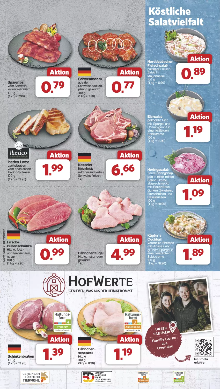 Aktueller Prospekt Famila - Prospekte - von 02.12 bis 07.12.2024 - strona 5 - produkty: ananas, braten, champignon, champignons, cocktail, creme, eier, eiersalat, eis, fleisch, fleischsalat, gewürz, gurke, gurken, hähnchenflügel, hähnchenschenkel, henkel, hering, Herings, Heringshappen, kasseler, kotelett, lachs, Lachsbraten, mayonnaise, natur, pute, putenschnitzel, ring, sahne, salat, salatcreme, schenkel, schinken, schinkenbraten, schnitzel, schwein, schweine, schweinefleisch, schweinenacken, spareribs, spargel, steak, Ti, wein, weine, Yo, zwiebel, zwiebeln