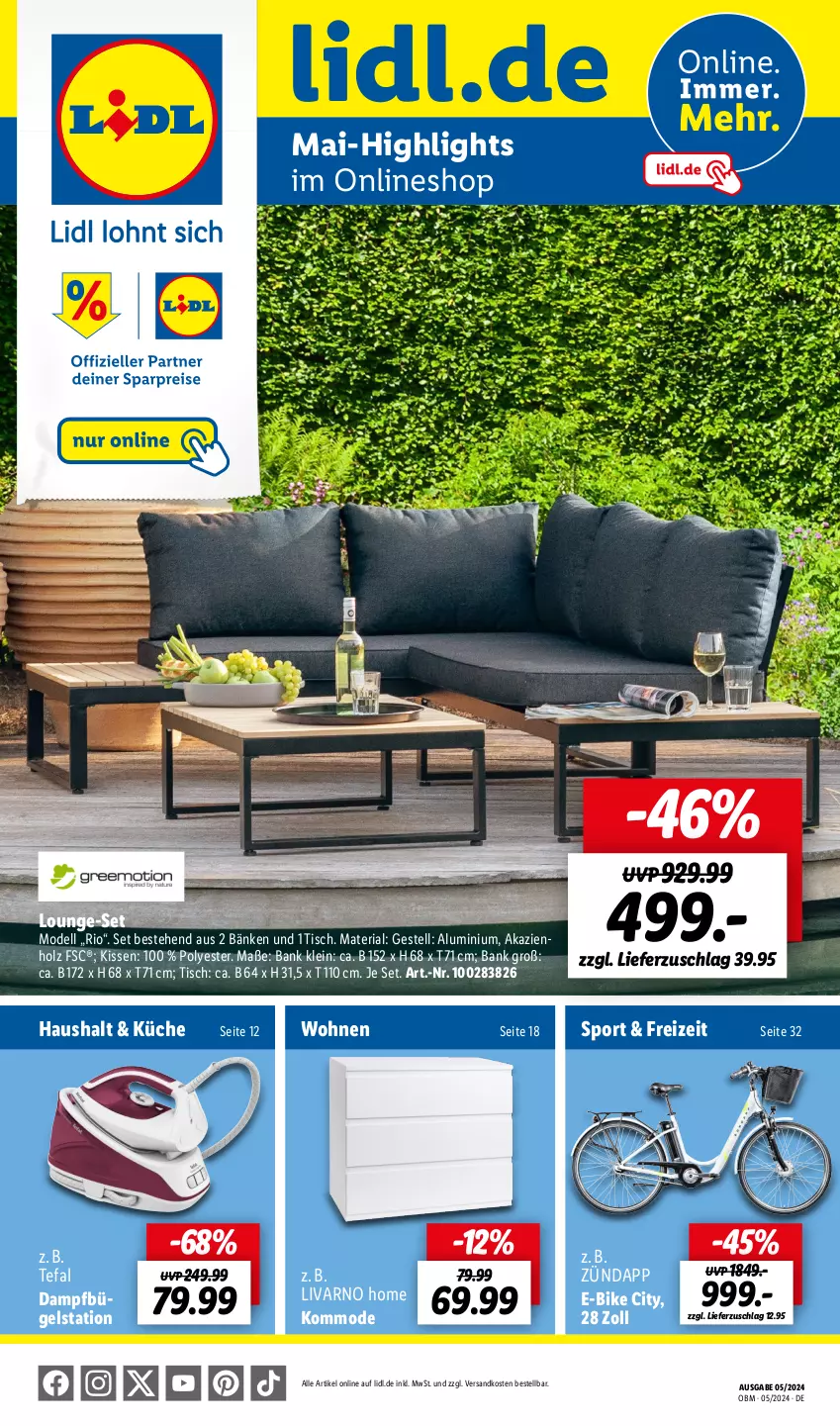 Aktueller Prospekt Lidl - Aktuelle Onlineshop-Highlights - von 01.05 bis 31.05.2024 - strona 1 - produkty: Bank, bügel, Bügelstation, dampfbügelstation, dell, E-Bike, Holz, kissen, kommode, küche, lounge-set, Mode, ndk, Ria, Sport, tefal, Ti, tisch