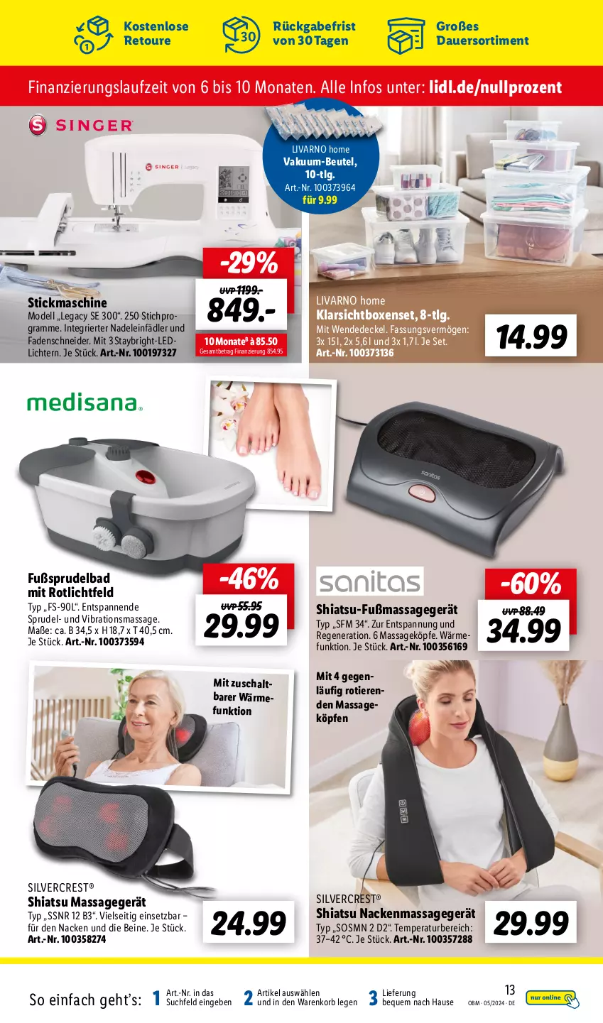 Aktueller Prospekt Lidl - Aktuelle Onlineshop-Highlights - von 01.05 bis 31.05.2024 - strona 13 - produkty: auer, Bad, beutel, decke, Deckel, dell, Fußsprudelbad, HP, Klarsichtbox, korb, LG, Massagegerät, Mode, Schal, silvercrest, Sprudel, Sprudelbad, Stickmaschine, Ti, Tiere