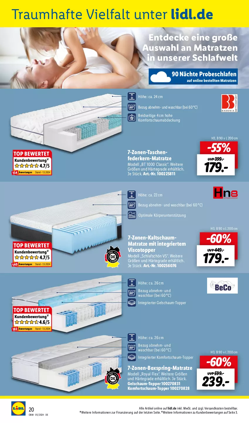 Aktueller Prospekt Lidl - Aktuelle Onlineshop-Highlights - von 01.05 bis 31.05.2024 - strona 20 - produkty: decke, dell, federkern, kaltschaummatratze, mab, matratze, matratzen, Mode, ndk, ring, schauma, Schaummatratze, Tasche, taschen, taschenfederkern-matratze, Ti, topper, ZTE