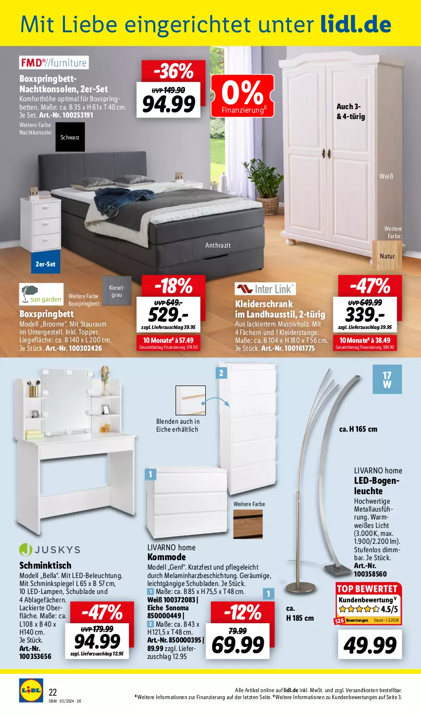 Aktueller Prospekt Lidl - Aktuelle Onlineshop-Highlights - von 01.05 bis 31.05.2024 - strona 22 - produkty: beleuchtung, bett, Betten, boxspringbett, dell, Holz, kleid, kleider, kleiderschrank, kommode, lack, Lampe, led-beleuchtung, Leuchte, LG, Liege, massivholz, mit led-beleuchtung, Mode, nachtkonsole, nachtkonsolen, natur, ndk, ring, Schrank, schubladen, spiegel, Ti, tisch, topper, ZTE