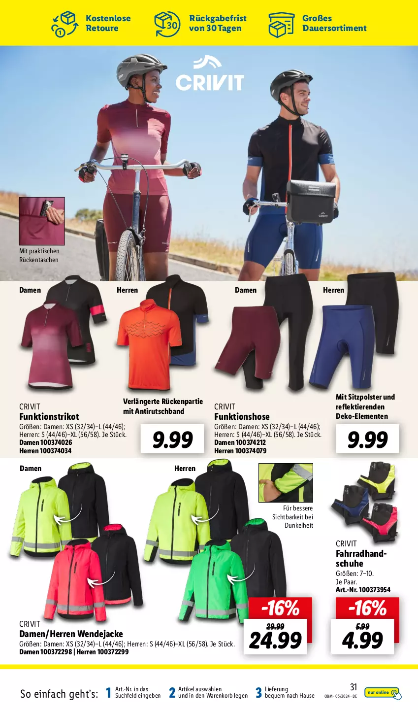 Aktueller Prospekt Lidl - Aktuelle Onlineshop-Highlights - von 01.05 bis 31.05.2024 - strona 31 - produkty: auer, crivit, ente, Fahrrad, handschuhe, hose, Jacke, korb, schuhe, Tasche, taschen, Ti, Tiere, tisch, Trikot