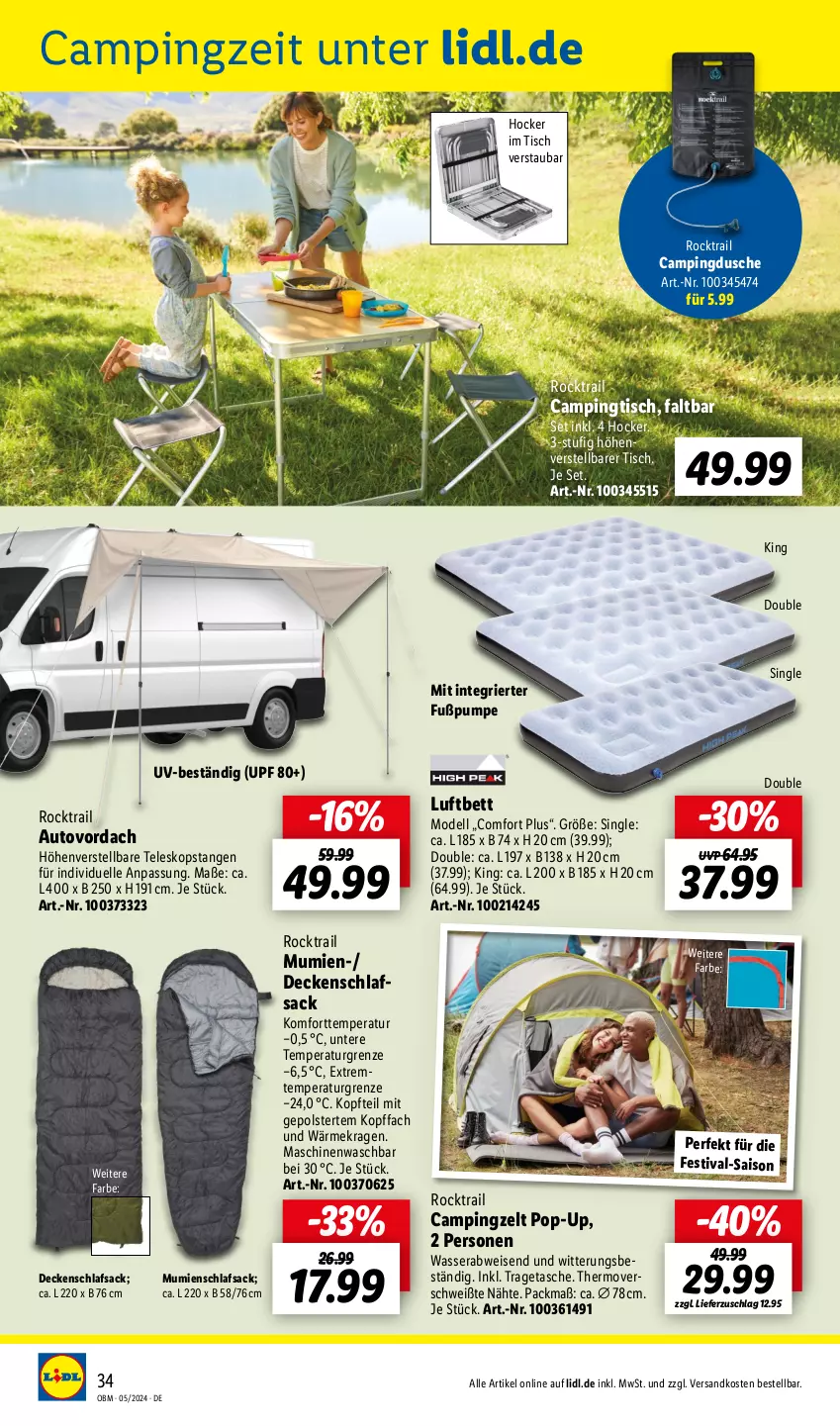 Aktueller Prospekt Lidl - Aktuelle Onlineshop-Highlights - von 01.05 bis 31.05.2024 - strona 34 - produkty: auto, bett, Campingdusche, Campingtisch, decke, dell, dusche, eis, elle, hocker, luftbett, Mode, ndk, sac, schlafsack, Tasche, Teleskop, Ti, tisch, tragetasche, wasser, Zelt