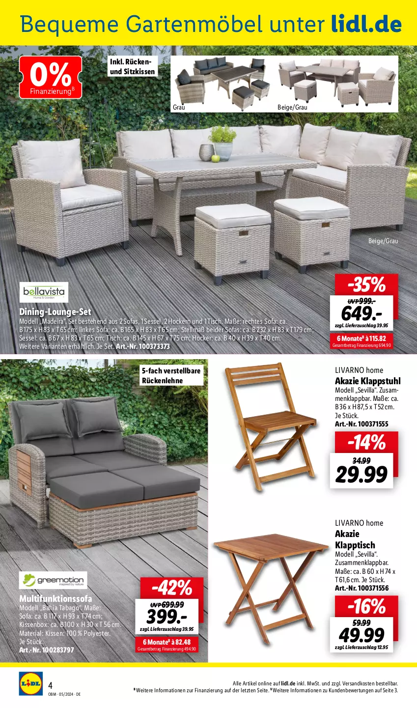 Aktueller Prospekt Lidl - Aktuelle Onlineshop-Highlights - von 01.05 bis 31.05.2024 - strona 4 - produkty: dell, funktionssofa, Garten, gartenmöbel, hocker, kissen, klappstuhl, klapptisch, lounge-set, möbel, Mode, ndk, Ria, rückenlehne, sessel, sitzkissen, Sofa, stuhl, Ti, tisch, ZTE