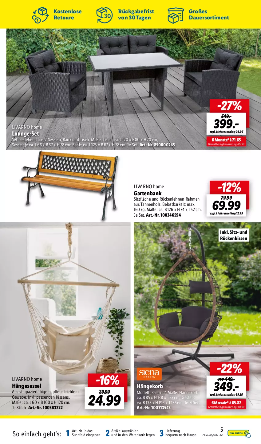 Aktueller Prospekt Lidl - Aktuelle Onlineshop-Highlights - von 01.05 bis 31.05.2024 - strona 5 - produkty: auer, Bank, dell, Garten, gartenbank, hängesessel, Holz, kissen, korb, lounge-set, Mode, Rückenkissen, rückenlehne, sessel, Ti, tisch