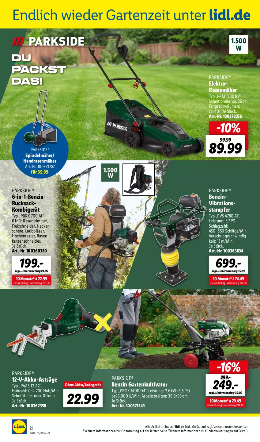 Aktueller Prospekt Lidl - Aktuelle Onlineshop-Highlights - von 01.05 bis 31.05.2024 - strona 8 - produkty: akku, Brei, eis, Elektro, Garten, heckenschere, ladegerät, ndk, Parkside, rasen, rasenmäher, rasentrimmer, reis, rucksack, sac, säge, Schere, Spindelmäher, Ti, ZTE