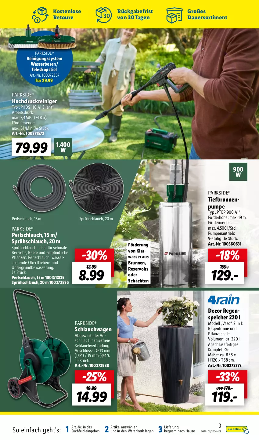 Aktueller Prospekt Lidl - Aktuelle Onlineshop-Highlights - von 01.05 bis 31.05.2024 - strona 9 - produkty: auer, brunnen, decor, dell, hochdruckreiniger, korb, Mode, Parkside, pflanze, pflanzen, reiniger, Reinigung, Schal, Schale, schlauch, schlauchwagen, Teleskop, teleskopstiel, Ti, Tiefbrunnenpumpe, wasser