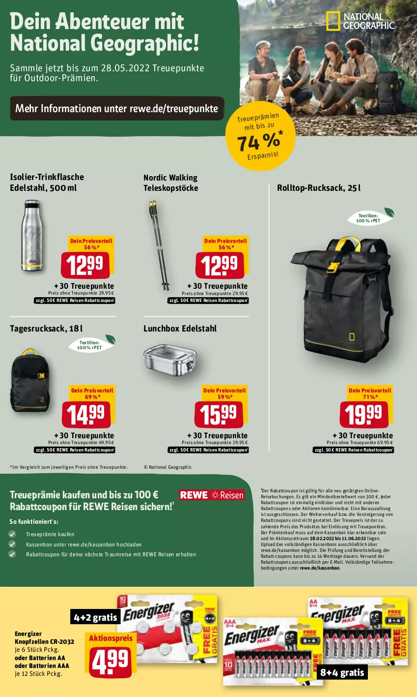 Aktueller Prospekt Rewe - REWE Ihr Kaufpark - von 04.04 bis 09.04.2022 - strona 18 - produkty: aktionspreis, auer, batterie, batterien, buch, coupon, coupons, edelstahl, eis, elle, energizer, ente, flasche, Liege, lunchbox, preisvorteil, rabatt-coupon, reis, rucksack, sac, Teleskop, Ti, trinkflasche