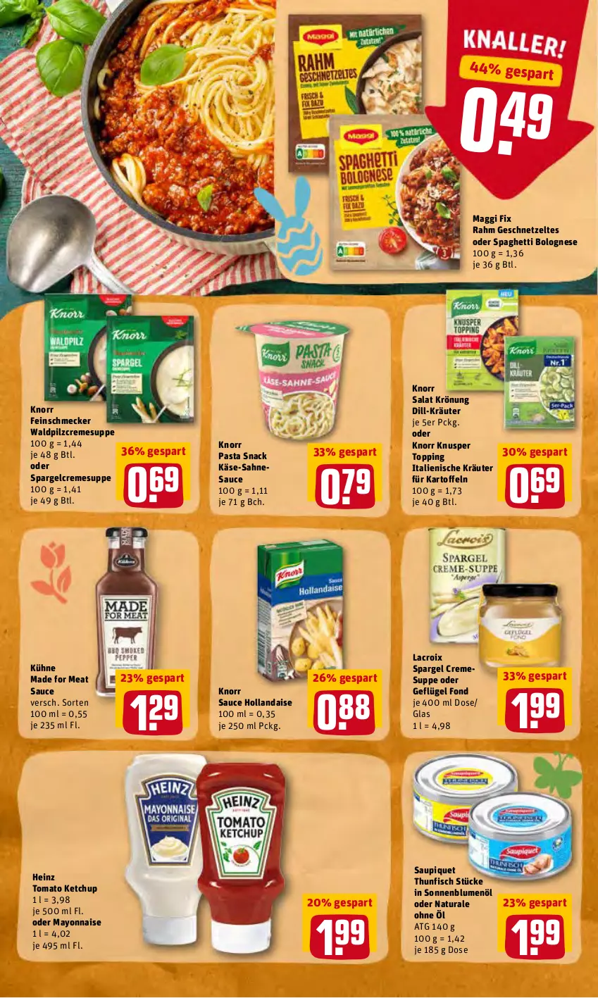 Aktueller Prospekt Rewe - REWE Ihr Kaufpark - von 04.04 bis 09.04.2022 - strona 22 - produkty: blume, blumen, blumenöl, bolognese, creme, cremesuppe, feinschmecker, fisch, Geflügel, geschnetzeltes, heinz, hollandaise, kartoffel, kartoffeln, Käse, ketchup, knorr, knorr pasta, kräuter, Kühne, maggi, maggi fix, mayonnaise, natur, natura, pasta, pasta snack, sahne, salat, sauce, sauce hollandaise, saupiquet, snack, sonnenblume, sonnenblumen, sonnenblumenöl, spaghetti, spaghetti bolognese, spargel, suppe, thunfisch, Ti, tomato ketchup, Yo, Zelt