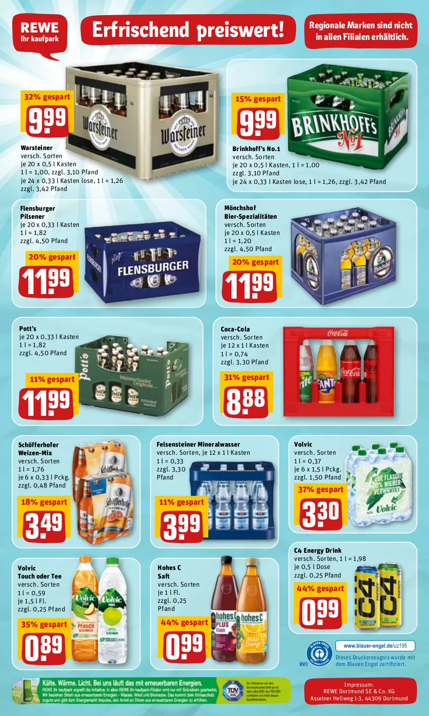 Aktueller Prospekt Rewe - REWE Ihr Kaufpark - von 04.04 bis 09.04.2022 - strona 24 - produkty: Alwa, bier, burger, coca-cola, cola, drink, drucker, eis, energy drink, Engel, flensburger, Hohes C, kerze, mineralwasser, mönchshof, pils, pilsener, reis, saft, schöfferhofer, Spezi, steiner, tee, Ti, volvic, warsteiner, wasser