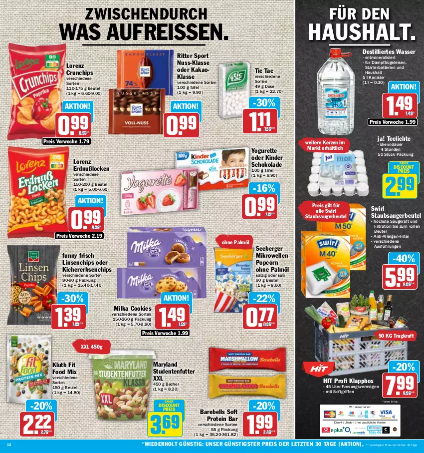 Aktueller Prospekt Hit - Prospekte - von 02.01 bis 07.01.2023 - strona 12 - produkty: auer, batterie, batterien, Becher, Berger, beutel, bügel, Bügeleisen, chips, cookie, cookies, crunchips, dampfbügeleisen, discount, eis, elle, ente, erbsen, Funny Frisch, kakao, kerze, kichererbsen, Kinder, kinder schokolade, Klappbox, kraft, linsen, lorenz, lorenz crunchips, mikrowelle, milka, nuss, ohne palmöl, popcorn, rebell, reis, reiss, ritter, ritter sport, salz, schoko, schokolade, seeberger, Sport, staubsauger, staubsaugerbeutel, studentenfutter, swirl, tee, Teelicht, teelichte, Ti, Tiere, wasser, Yo, yogurette, ZTE