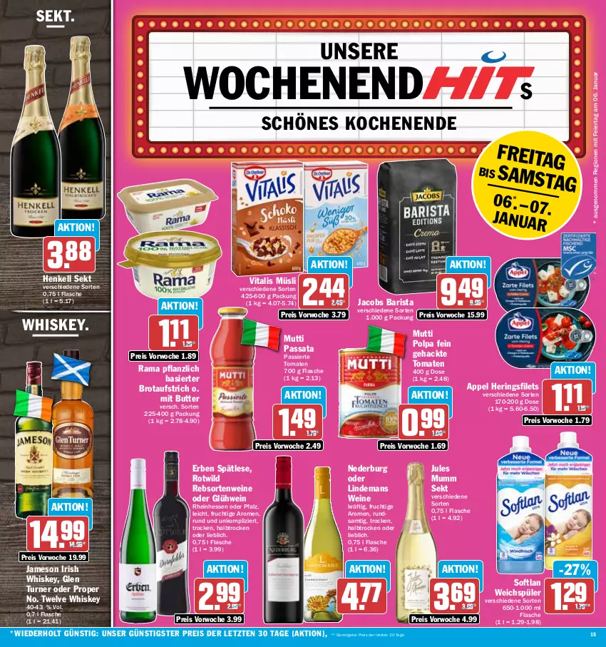 Aktueller Prospekt Hit - Prospekte - von 02.01 bis 07.01.2023 - strona 15 - produkty: aufstrich, brot, brotaufstrich, butter, eier, eis, filet, filets, flasche, frucht, Glühwein, henkel, henkell, henkell sekt, hering, Herings, heringsfilets, irish whiskey, jacobs, jameson, jules mumm, mumm, müsli, Mutti, nederburg, rama, rebsortenweine, reis, ring, sekt, Softlan, Ti, tomate, tomaten, vita, vitalis, vitalis müsli, weichspüler, wein, weine, whiskey, Wild, ZTE