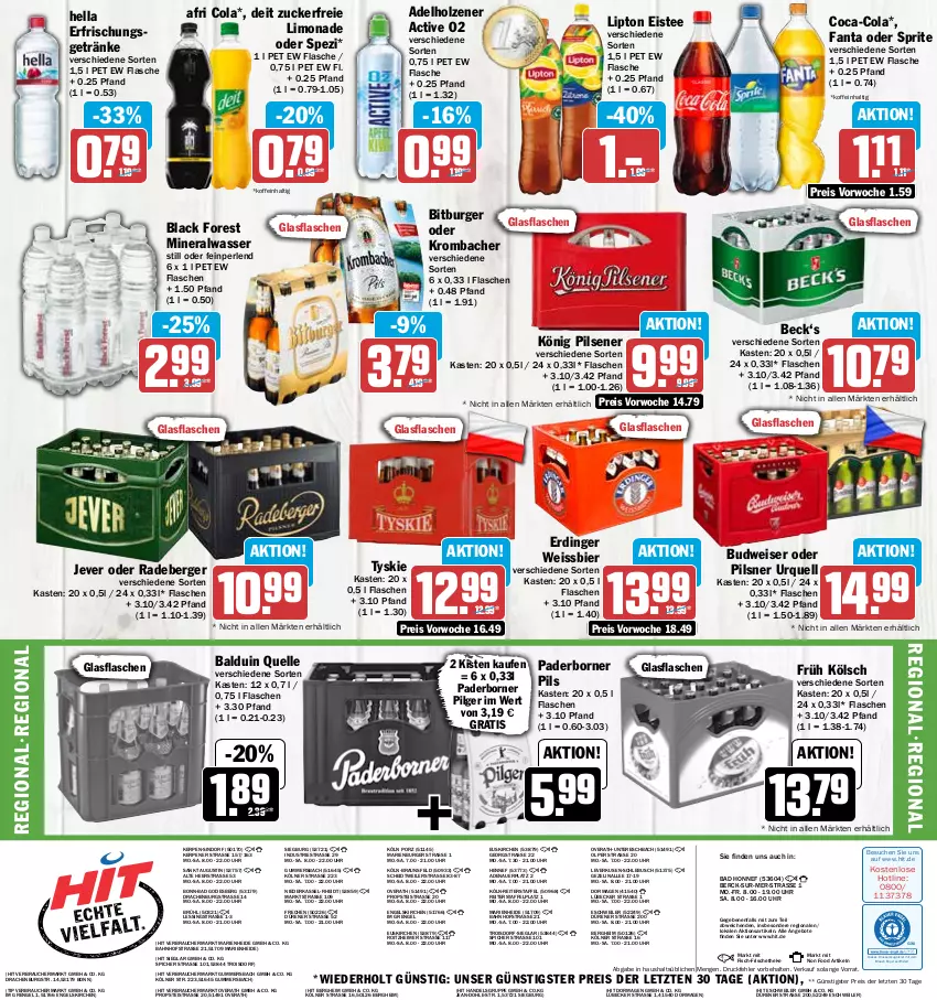 Aktueller Prospekt Hit - Prospekte - von 02.01 bis 07.01.2023 - strona 16 - produkty: adelholzener, Afri Cola, Alwa, angebot, angebote, auer, Bad, Berger, bier, bitburger, black forest, braun, budweiser, burger, coca-cola, cola, deit, drucker, eimer, eis, eistee, elle, Engel, erdinger, fanta, fanta oder, fanta oder sprite, fisch, flasche, Früh Kölsch, getränk, getränke, glasflasche, hella, Holz, jever, kerze, könig pilsener, krombache, krombacher, lack, LG, limo, limonade, lipton, Lübecker, mineralwasser, oder sprite, perlen, pils, pilsener, pilsner, pilsner urquell, radeberger, Rauch, reis, Spezi, sprite, tee, Ti, tyskie, uhr, wasser, weissbier, ZTE, zucker