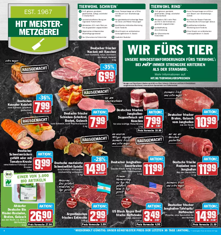 Aktueller Prospekt Hit - Prospekte - von 02.01 bis 07.01.2023 - strona 4 - produkty: auer, Bau, Bauer, beef, bio, braten, Brühe, decke, Deckel, eis, entrecôte, filet, fleisch, Geflügel, gulasch, hüftsteak, hüftsteaks, jungbullen, kasseler, kotelett, küche, Küchen, lack, mais, Meister, monitor, natur, paprika, pute, reis, Ria, rind, rinder, rinder-rouladen, ring, rouladen, Schal, Schale, schinken, schnitten, schnitzel, schwein, schweine, schweinefilet, schweinerücken, Spezi, Sport, steak, steaks, suppe, suppen, suppenfleisch, tafelspitz, Ti, Tiere, tisch, tomate, tomaten, wein, weine, ZTE