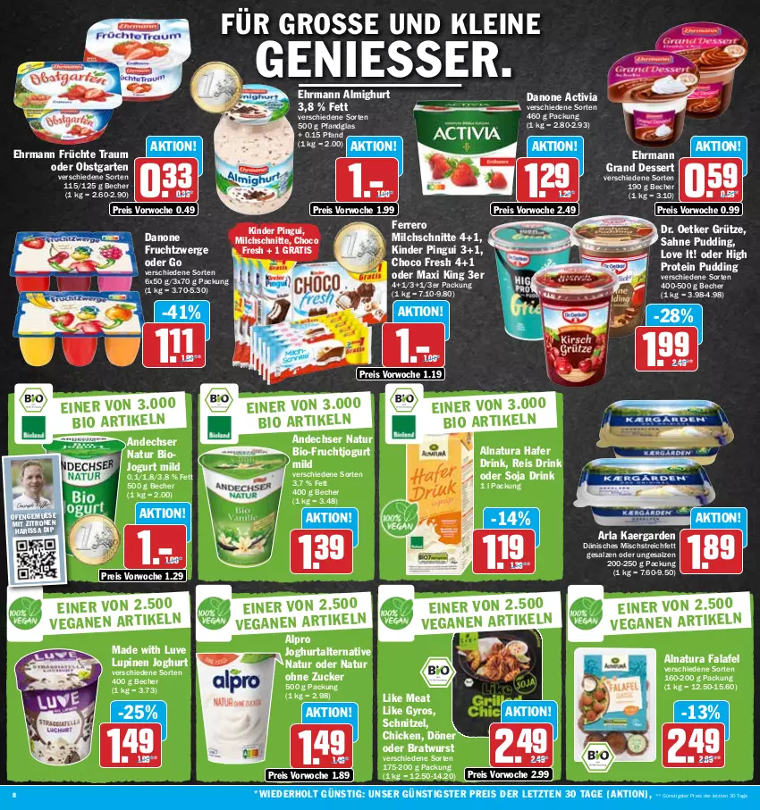 Aktueller Prospekt Hit - Prospekte - von 02.01 bis 07.01.2023 - strona 8 - produkty: activia, almighur, almighurt, alpro, andechser natur, arla, Becher, bio, Bio-Fruchtjogurt, bratwurst, choco fresh, danone, danone activia, danone fruchtzwerge, dessert, dip, Dr. Oetker, drink, ehrmann, ehrmann almighurt, Ehrmann Grand Dessert, eis, Falafel, ferrero, frucht, früchte, fruchtzwerge, Garten, grütze, gyros, hafer, joghur, joghurt, jogurt, Kinder, kinder pingui, leine, Like Meat, milch, Milchschnitte, natur, natura, obst, obstgarten, Ofen, pingui, pudding, reis, sahne, salz, schnitzel, soja, Ti, wurst, zitrone, zitronen, ZTE, zucker