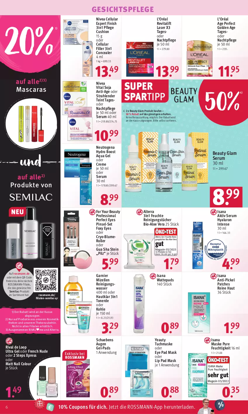 Aktueller Prospekt Rossmann - Prospekte - von 22.05 bis 26.05.2023 - strona 8 - produkty: aloe vera, alterra, aqua, bio, blume, cellular filler, coupon, coupons, creme, elle, erde, Finish, For Your Beauty, garnier, gesichtspflege, gsw, hyaluron, isana, kosmetik, magazin, Mascara, Maske, mizellen, Mizellen Reinigungswasser, nachtpflege, neutrogena, nivea, Pinsel, Reinigung, reinigungstücher, Revital, revitalift, Roller, rum, sana, Schaebens, Serum, soja, spartipp, Ti, Tiere, Toner, tuc, tücher, tuchmaske, vita, wasser, wattepads, Yo