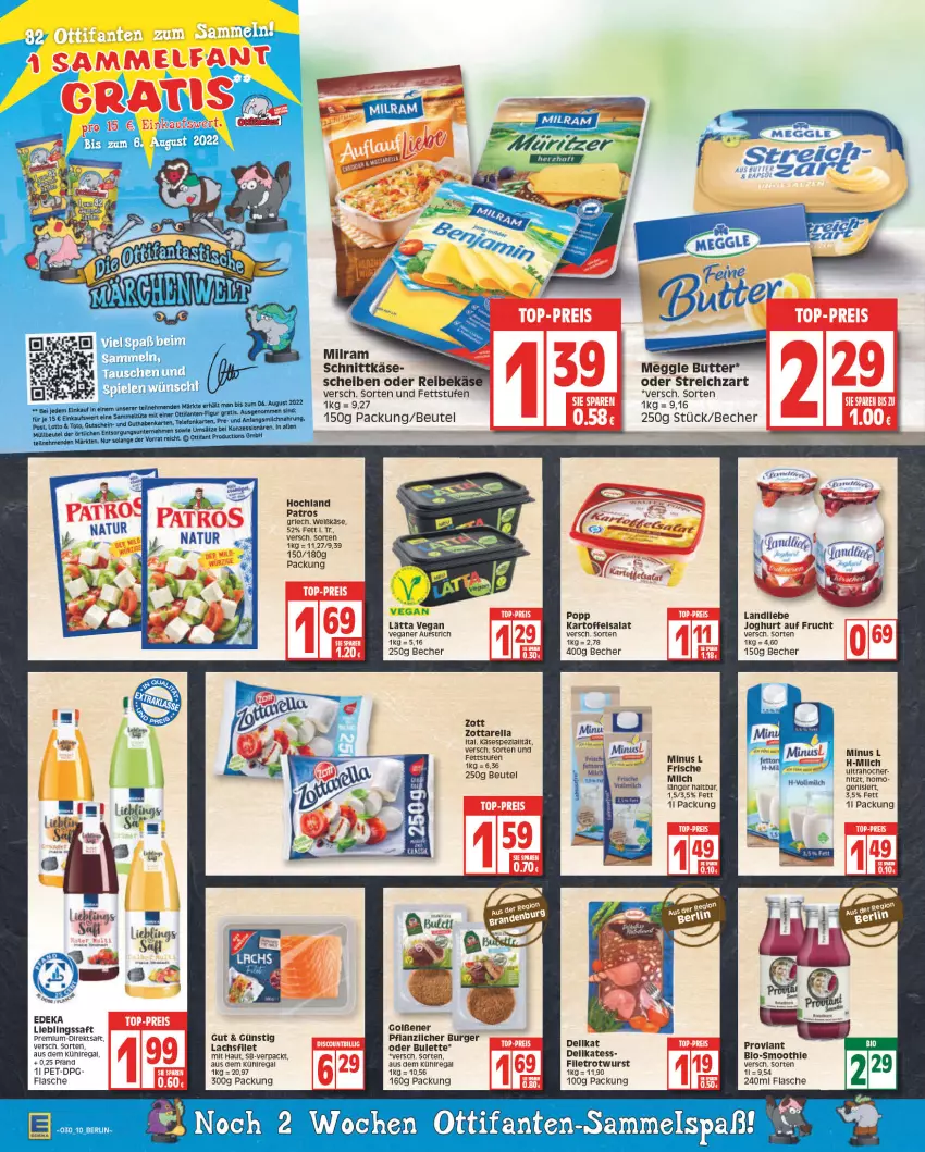 Aktueller Prospekt Edeka - Angebote der Woche - von 25.07 bis 30.07.2022 - strona 10 - produkty: aufstrich, aus dem kühlregal, Becher, beutel, bio, burger, butter, direktsaft, filet, flasche, frucht, hochland, joghur, joghurt, kartoffel, kartoffelsalat, Käse, kühlregal, lachs, landliebe, lätta, meggle, milch, milram, patros, Popp, Proviant, regal, rel, Rotwurst, saft, salat, schnittkäse, Spezi, Streichzart, Ti, wurst, zott, zottarella