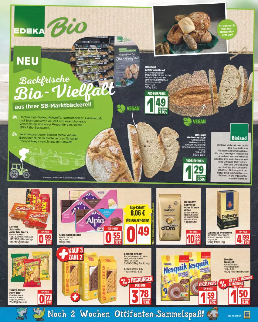 Aktueller Prospekt Edeka - Angebote der Woche - von 25.07 bis 30.07.2022 - strona 13 - produkty: alpia, auto, Bau, beutel, bio, bioland, bohne, bohnen, brot, butter, butterkeks, dallmayr, dallmayr prodomo, deka, eis, erde, espresso, espresso oder, funny-frisch, getränk, getränke, getränkepulver, kaffee, keks, KnabberSnack, korn, Kornbrot, leibniz, lorenz, mars, natur, nic nac's, pom-bär, prodomo, reis, rum, sac, saft, saltletts, schoko, schokolade, sesam, snack, Ti, tomate, tomaten, vollautomaten, Weizenbrot