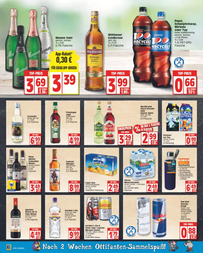 Aktueller Prospekt Edeka - Angebote der Woche - von 25.07 bis 30.07.2022 - strona 14 - produkty: 7UP, alkohol, Alwa, apfel, Cap, capri-sun, captain morgan, deka, drink, flasche, frucht, fruchtsaft, fruchtsaftgetränk, getränk, gin, glasflasche, goldkrone, gordon, Gordon’s, ice tea, kirsch, kirsche, kräuter, kräuterlikör, krone, likör, Michel Schneider, mineralwasser, Mirinda, mumm, nordbrand, pepsi, pfanne, Pfanner, red bull, rel, rind, saft, sekt, Ti, tonic, vitrex, vodka, wasser, wein, weine, wilthener, Wilthener Goldkrone