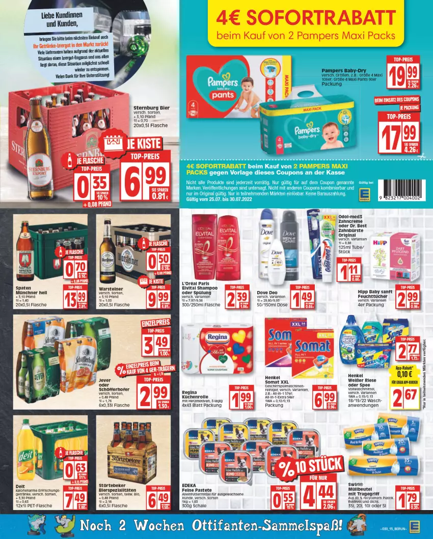 Aktueller Prospekt Edeka - Angebote der Woche - von 25.07 bis 30.07.2022 - strona 15 - produkty: alleinfuttermittel, arla, asti, beutel, bier, bio, bürste, coupon, coupons, creme, deit, deka, deo, dove, Dr. Best, elle, elvital, feuchttücher, flasche, geschirr, getränk, getränke, gin, hipp, jever, küche, Küchen, küchenrolle, l'oreal, müllbeutel, Odol, pampers, pastete, pet-flasche, reiniger, rel, ring, Schal, Schale, schöfferhofer, shampoo, sofortrabatt, somat, spee, Spezi, spülmaschinen, spülung, steiner, Sternburg, störtebeker, swirl, Ti, tragegriff, tücher, vita, vollwaschmittel, warsteiner, waschmittel, zahnbürste, zahncreme