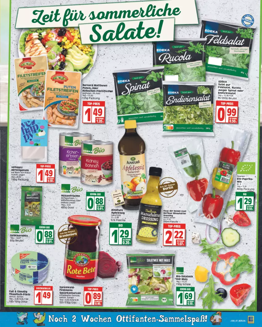 Aktueller Prospekt Edeka - Angebote der Woche - von 25.07 bis 30.07.2022 - strona 7 - produkty: apfel, apfelessig, auer, berliner, beutel, bio, Bio-Paprika, bohne, bohnen, braten, braun, cola, deka, dressing, erbsen, essig, Faktu, feldsalat, filet, filets, fisch, flasche, früchte, hülsenfrüchte, kichererbsen, kidney, kokos, Konserven, linsen, mais, natur, natura, nuss, paprika, pute, reifen, rucola, salat, Salatmix, Schal, Schale, senf, spinat, thunfisch, Ti, Yo