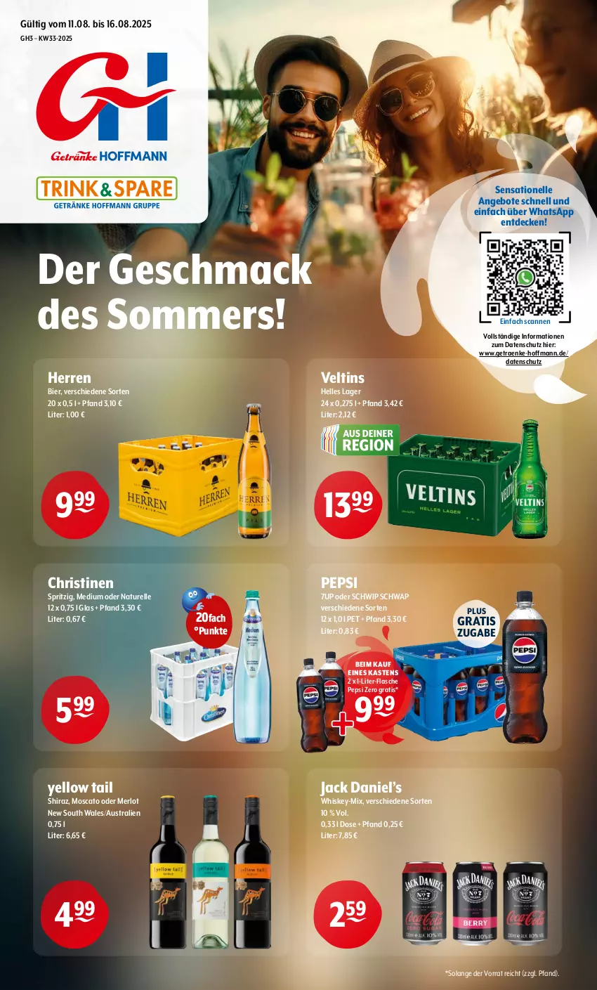 Aktueller Prospekt Getraenke Hoffmann - Prospekte - von 11.08 bis 16.08.2025 - strona 1 - produkty: 7UP, angebot, angebote, aust, bier, decke, elle, flasche, jack daniel, Jack Daniel’s, mac, merl, merlot, natur, pepsi, rel, Schwip Schwap, Ti, veltins, whiskey, yellow tail