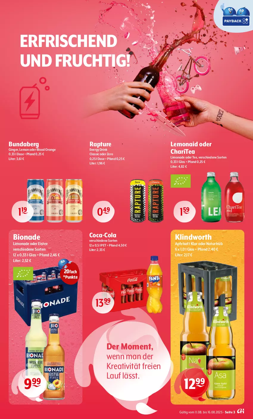 Aktueller Prospekt Getraenke Hoffmann - Prospekte - von 11.08 bis 16.08.2025 - strona 3 - produkty: apfel, apfelsaft, bio, bionade, Bundaberg, coca-cola, cola, drink, eis, eistee, energy drink, frucht, gin, ginger, limo, limonade, natur, orange, saft, tee, Ti