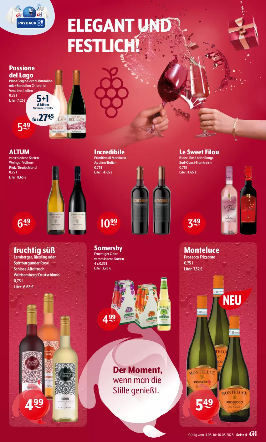 Aktueller Prospekt Getraenke Hoffmann - Prospekte - von 11.08 bis 16.08.2025 - strona 4 - produkty: Berger, burgunder, chia, cider, ecco, frizzante, frucht, monte, Pinot, pinot grigio, primitivo, prosecco, Ria, riesling, rouge, somersby, spätburgunder, Ti, wein